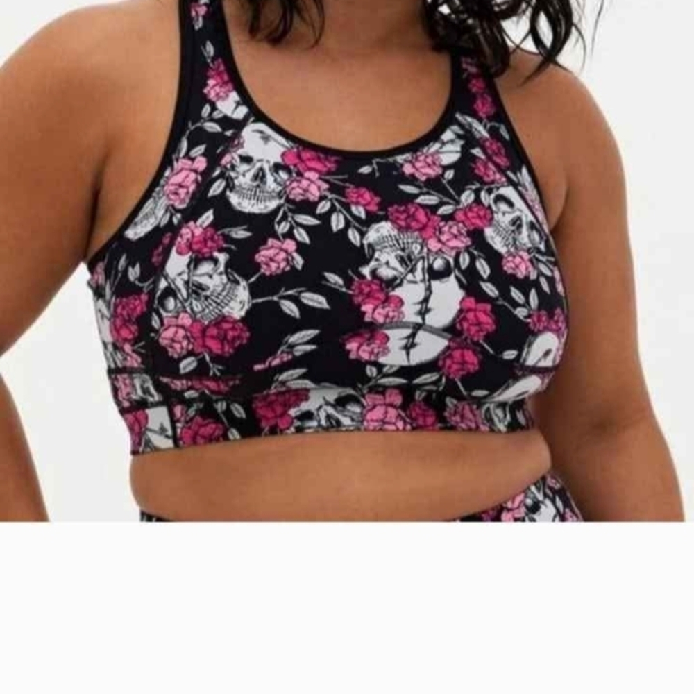 Torrid Black and Pink Skull Floral Sports Bra